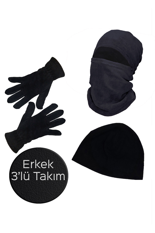 Men's Black Winter Thermal Fleece Gloves - Snow Mask Inside Biker Helmet - Black Beret Set of 3 Suit