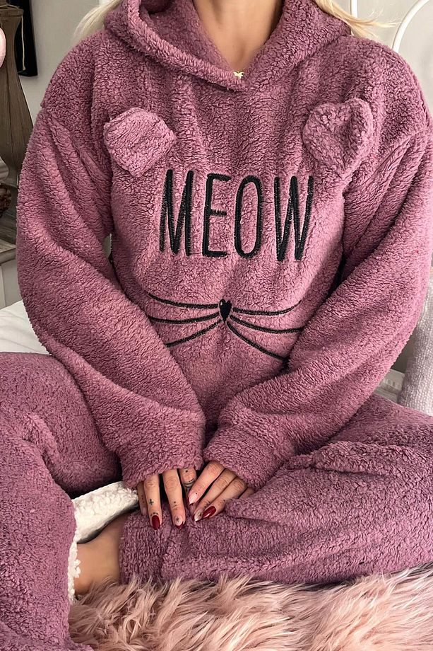Lila Meow Desenli Tam Peluş Pijama Takımı - 5