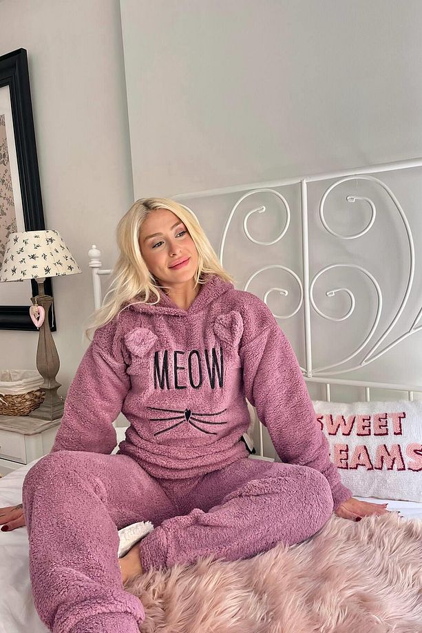 Lila Meow Desenli Tam Peluş Pijama Takımı - 4