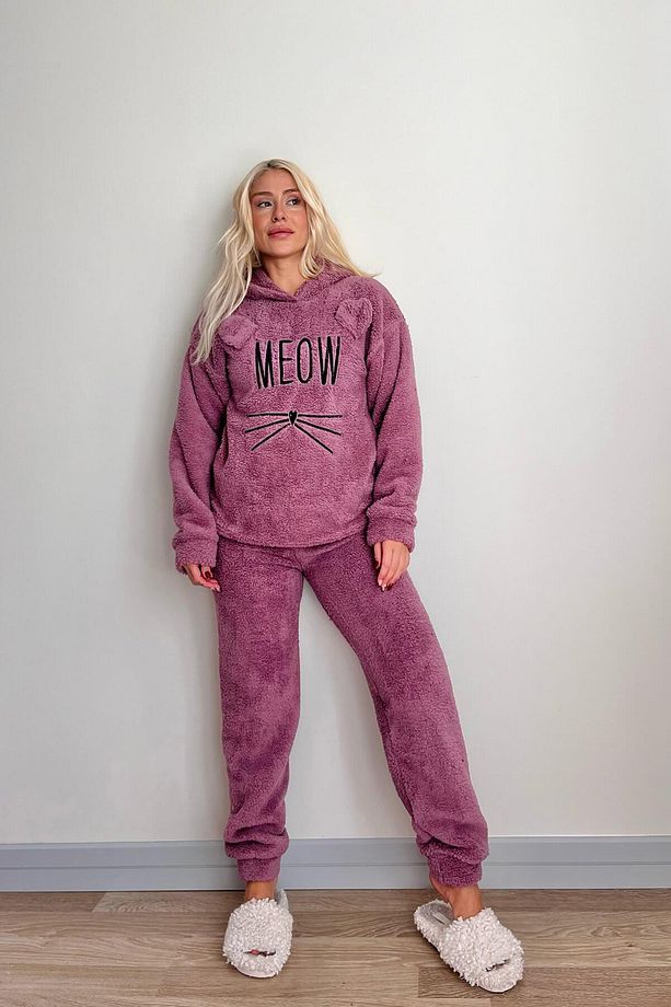 Lila Meow Desenli Tam Peluş Pijama Takımı - 6