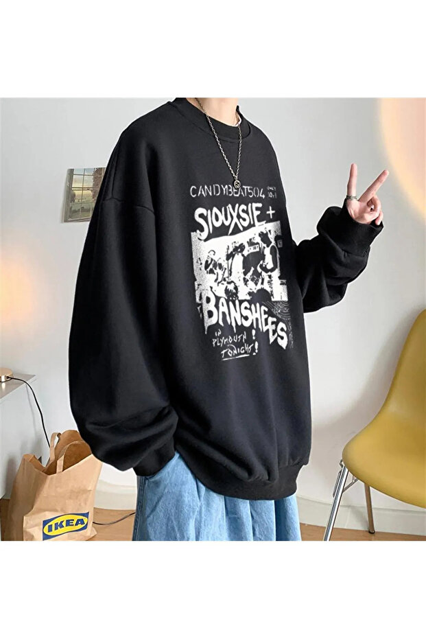 Y2k Tech Siouxsie Banshees Printed Black Unisex Oversize Crew Neck Sweatshirt Gofeel