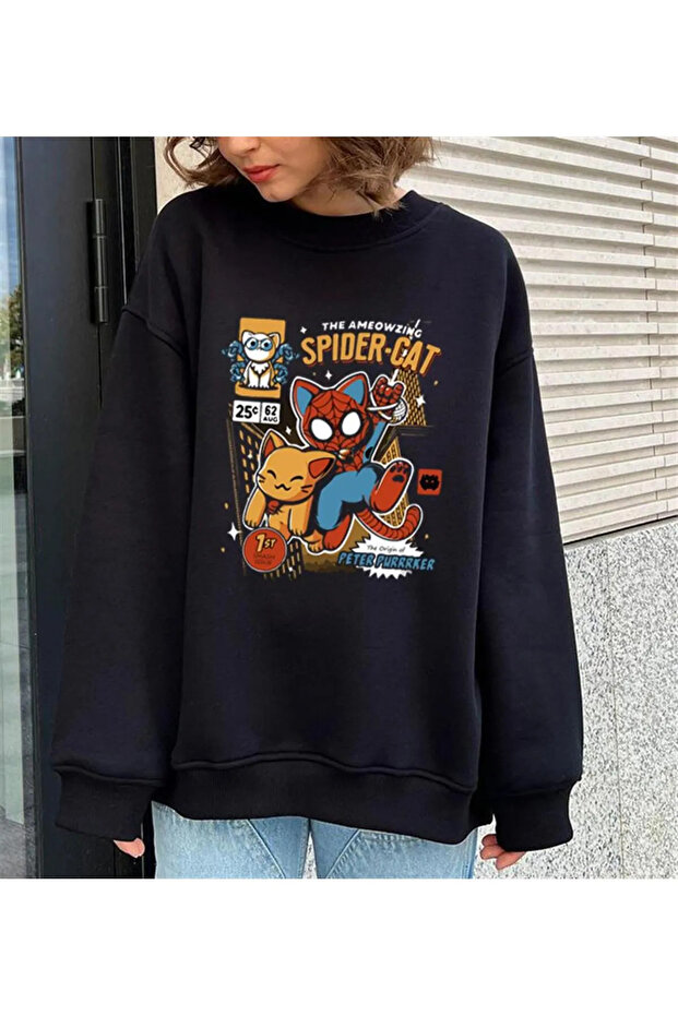 Y2k Tech Spider-Cat Printed Black Unisex Oversize Crew Neck Sweatshirt Gofeel