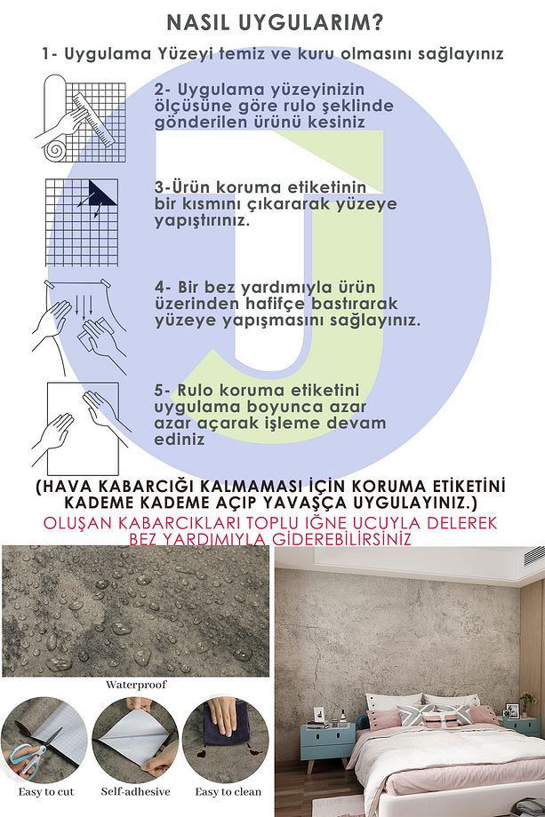 Kendinden yapışkanlı Çimento Görünümlü Mutfak Banyo Duvar Dolap Masa Kaplama 60cmX500cm - 6