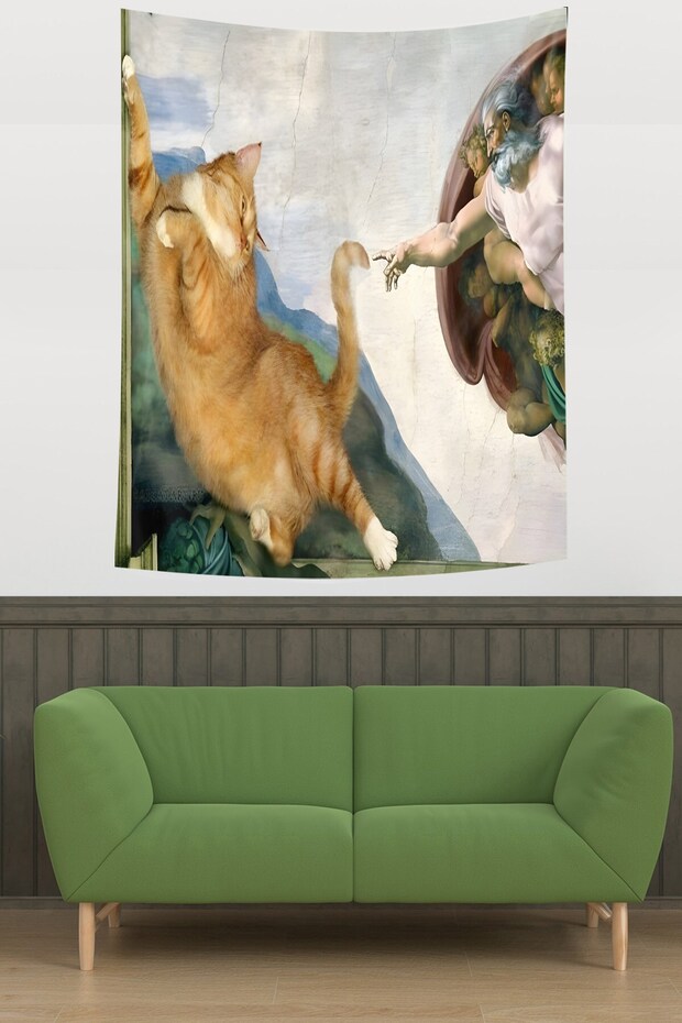 Rönesans Şişman Kedi Leke Tutmaz Kumaş Duvar Örtüsü Duvar Halısı Tapestry - 1
