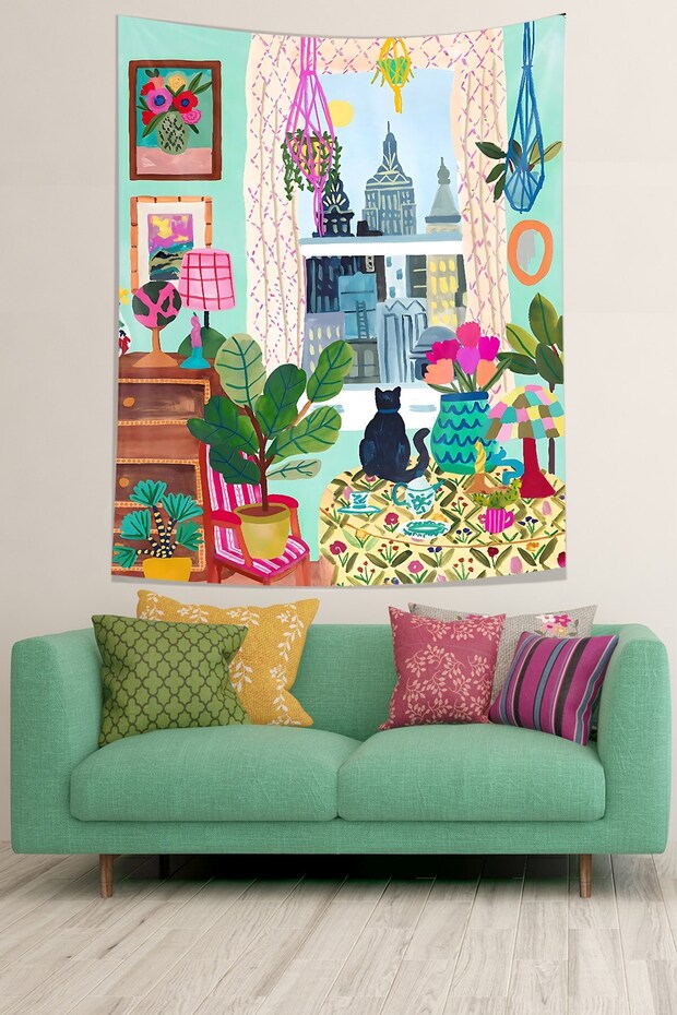 Penceredeki Kedi Bohem İskandinav Stil Yaprak Leke Tutmaz Kumaş Duvar Örtüsü Duvar Halısı Tapestry - 3