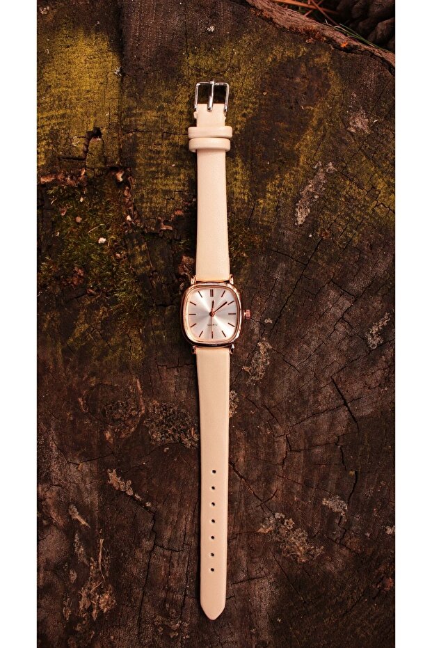 Beige Color Leather Band Retro Minimal Women Wristwatch Bb0021