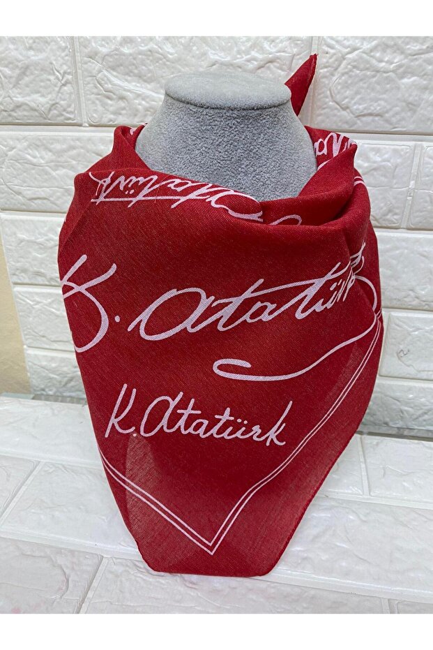 Red Cotton Ataturk Signed Scarf - Bandana - 23 April, 29 October, 19 May, 30 August