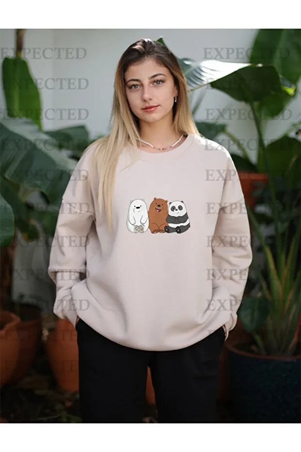 Kadın Oversize Ayıcık Baskılı Sweatshirt - 1