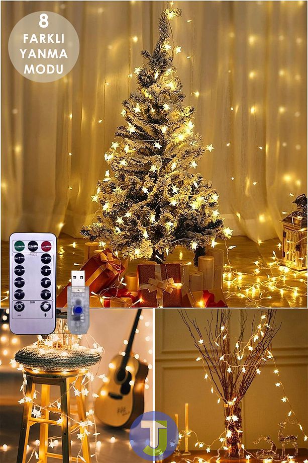 100 Ledli 10.mt Kumandalı Usbli Dekoratif Yıldız Model Şerit Led Işık Yılbaşı Süsleme - 2