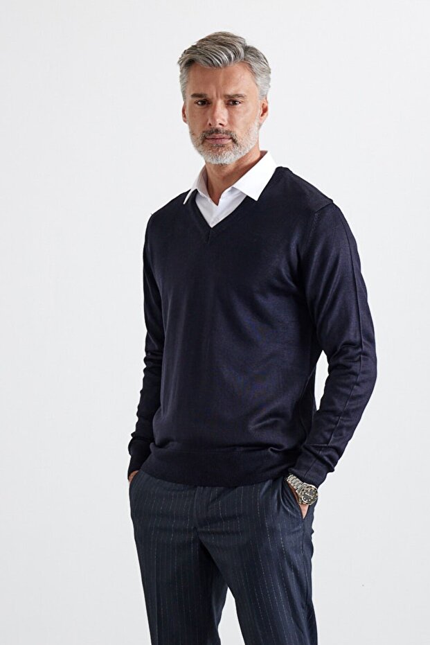 Men's Standard Fit Normal Cut V-Neck Knitwear Sweater