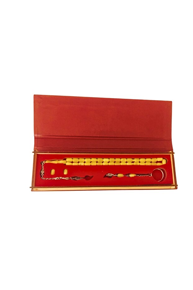 Fire Amber Tasseled Capsule Cut Smoky Yellow Prayer Beads and Keychain Set with Wooden Gift Box