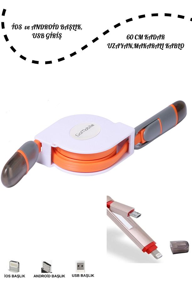 Kablo Dağınıklığına Son Çift Uçlu Makaralı Kendinden Toplamalı Android Ios Usb Başlık Şarj Kablosu - 1