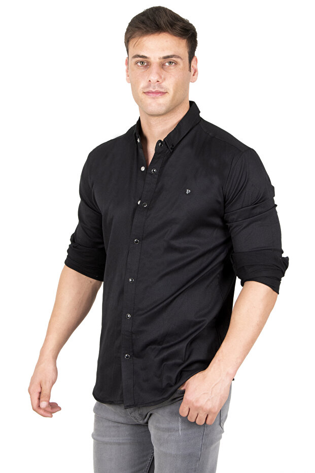 Men's Black Snap Button Knitted Fabric Shirt 2300413