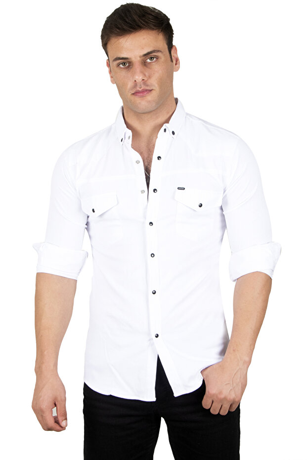 Men's White Lycra Snap Fastener Double Pocket Shirt with Stitching Detail 2300419