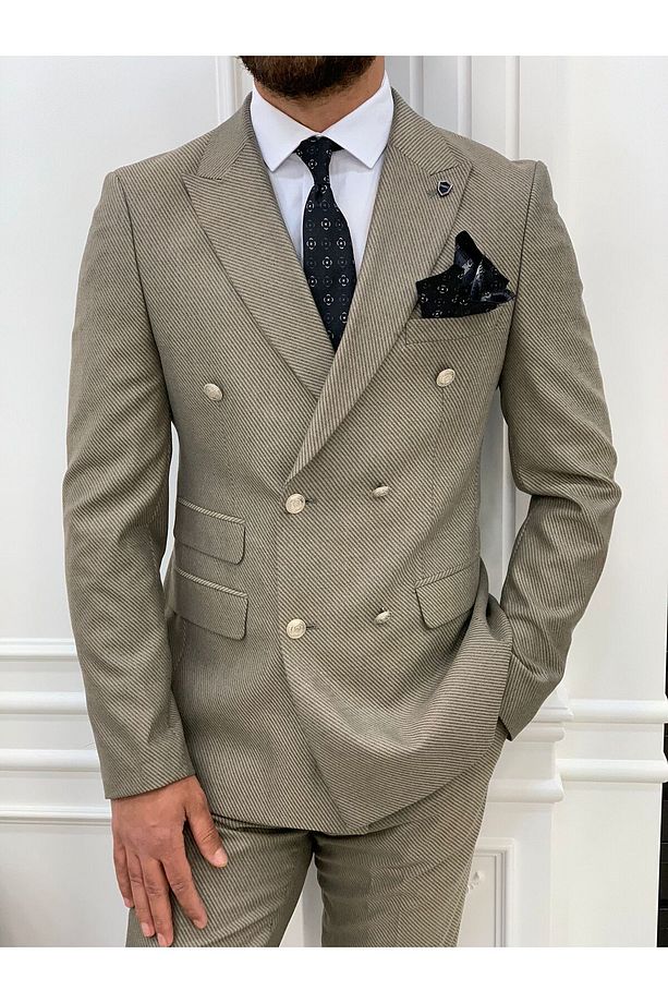Erkek Kruvaze Takım Elbise Kırlangıç Yaka İtalyan Kesim Slim Fit Ceket Yelek Pantolon-Krem - 1