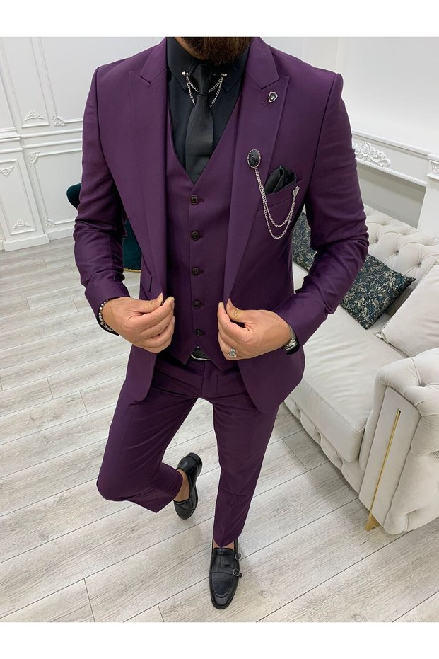 Men's Suit Swallow Collar Italian Cut Slim Fit Jacket Vest Trousers-Purple
