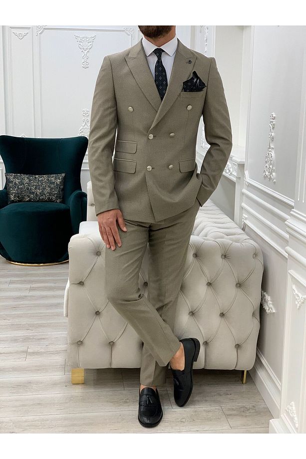 Erkek Kruvaze Takım Elbise Kırlangıç Yaka İtalyan Kesim Slim Fit Ceket Yelek Pantolon-Krem - 2