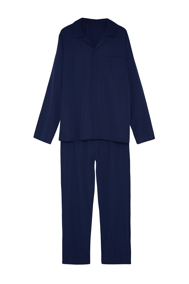 Lacivert Regular Fit Dokuma Pijama Takımı TMNAW24PT00057 - 12