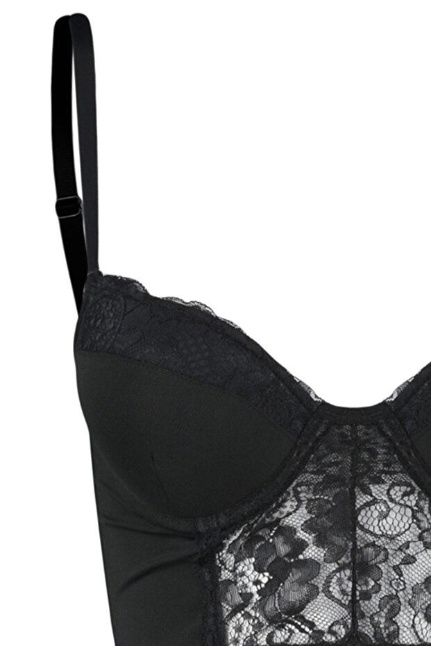 Siyah Micro Dantelli İp Askılı Ekstra Dolgulu/Push-Up Büstiyer Örme Sütyen THMAW24SU00022 - 9