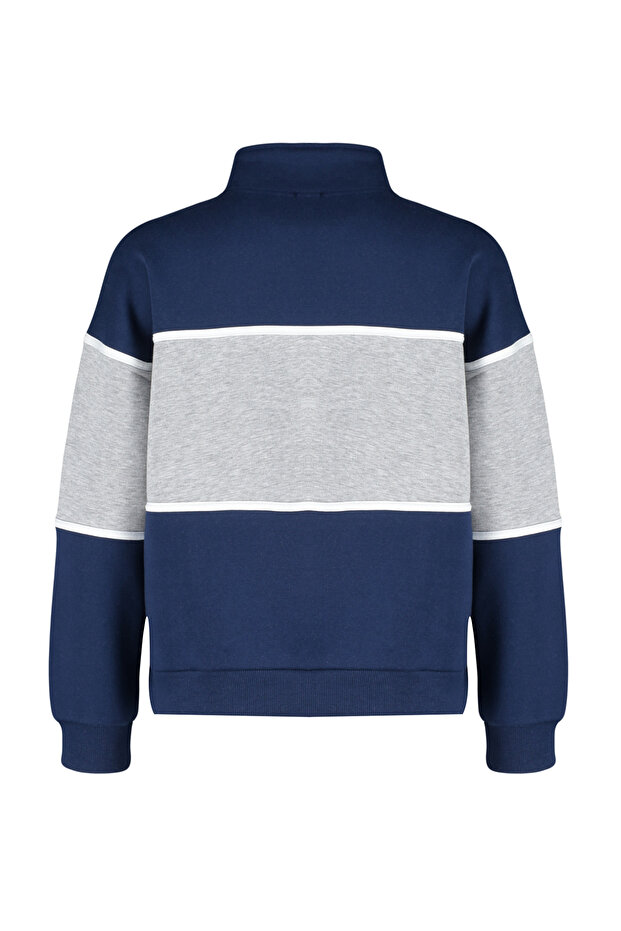 Lacivert Basic Baskılı Kalın İçi Polarlı Örme Sweatshirt TWOAW23SW00117 - 8