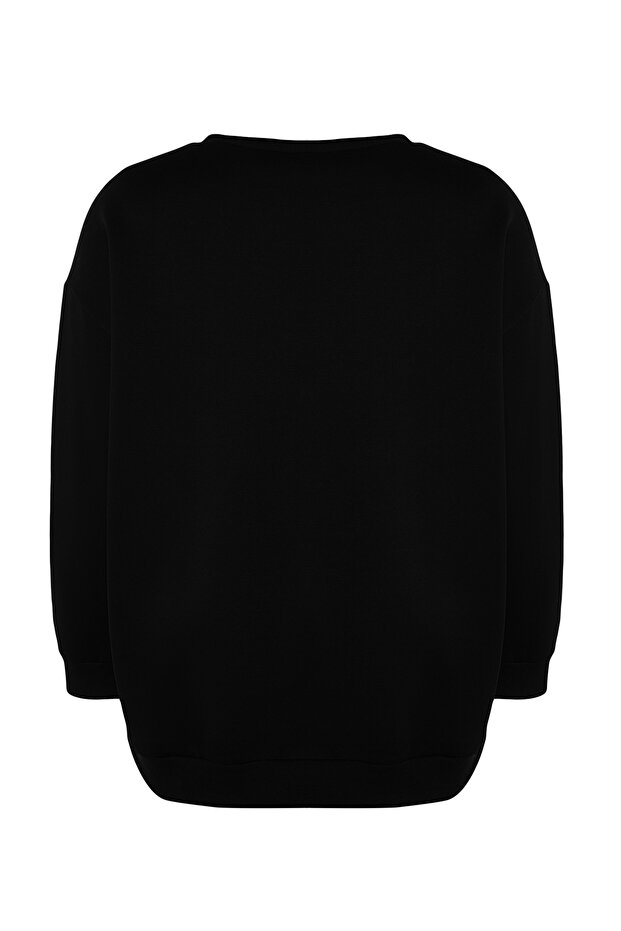 Siyah Kalın İçi Polarlı Yırtmaçlı Oversize/Bol Kesim Örme Büyük Beden Sweatshirt TBBAW24AO00003 - 6