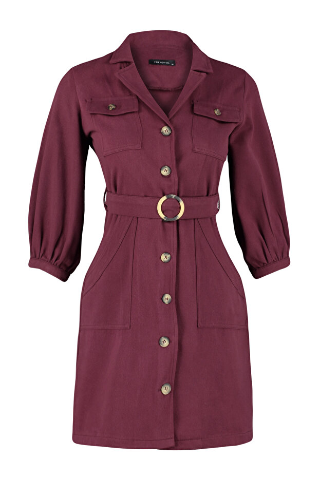 Bordo Kemerli Ceket Mini Düğme Detaylı Dokuma Elbise TWOAW20EL1156 - 7