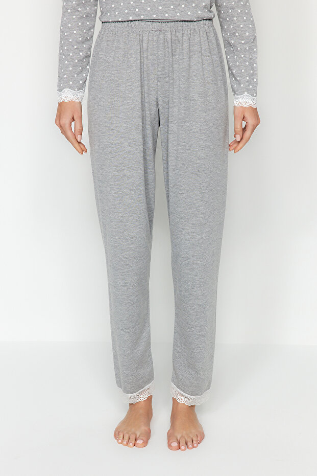 Gri Puantiyeli Dantelli Tshirt-Pantolon Örme Pijama Takımı THMAW24PT00182 - 6