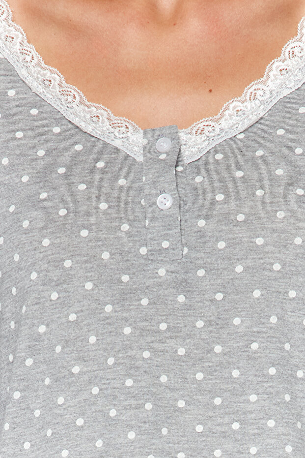Gri Puantiyeli Dantelli Tshirt-Pantolon Örme Pijama Takımı THMAW24PT00182 - 5