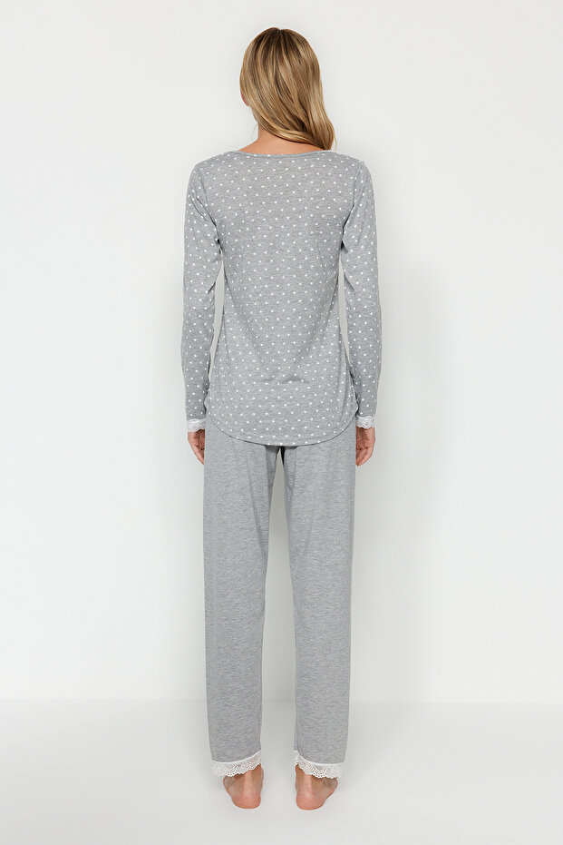 Gri Puantiyeli Dantelli Tshirt-Pantolon Örme Pijama Takımı THMAW24PT00182 - 7