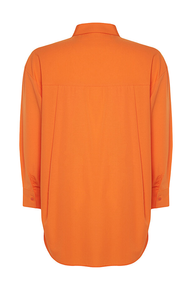 Turuncu Loose Fit Pamuklu Uzun Kol Büyük Beden Dokuma Gömlek TBBSS22GO0323 - 9