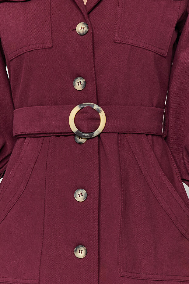 Bordo Kemerli Ceket Mini Düğme Detaylı Dokuma Elbise TWOAW20EL1156 - 4