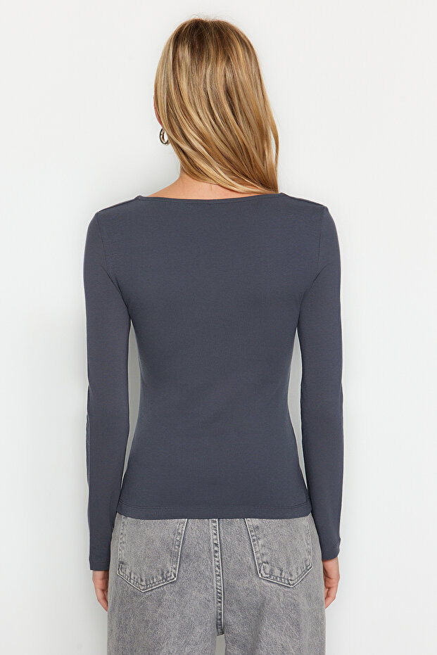 Antrasit Pamuklu Kare Yaka Regular Fit Örme Bluz TWOAW24BZ00016 - 5