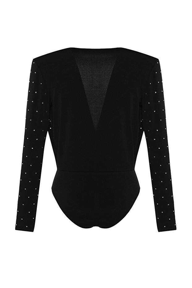 Siyah Taşlı Vatkalı Örme Body TPRAW24BD00043 - 10