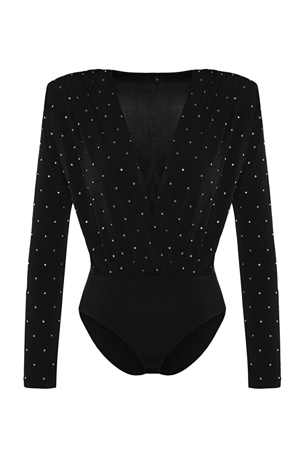 Siyah Taşlı Vatkalı Örme Body TPRAW24BD00043 - 9