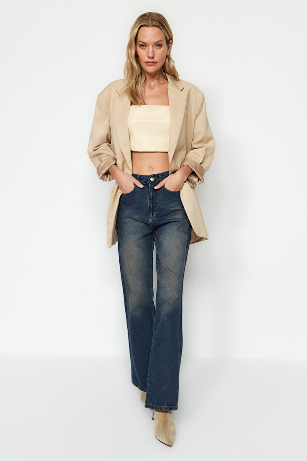 Koyu Mavi Yüksek Bel Geniş Paça Wide Leg Jeans %100 Pamuk Non-Stretch TWOAW24JE00313 - 9