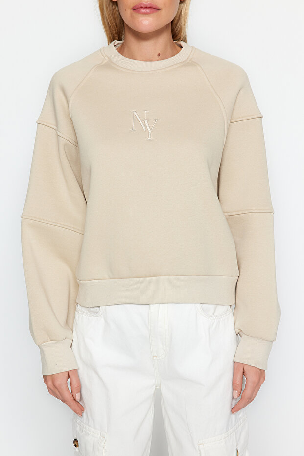 Kamienny dekolt w serek Regularny krój haftowany gruby polar wewnątrz bluza z dzianiny TWOAW24SW00199 - 4