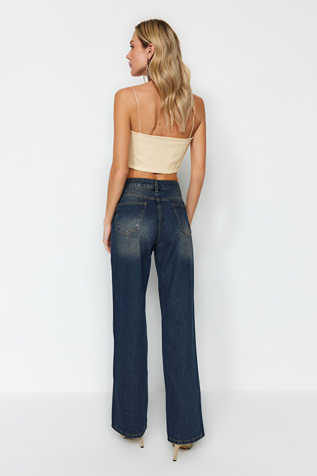 Koyu Mavi Yüksek Bel Geniş Paça Wide Leg Jeans %100 Pamuk Non-Stretch TWOAW24JE00313 - 8