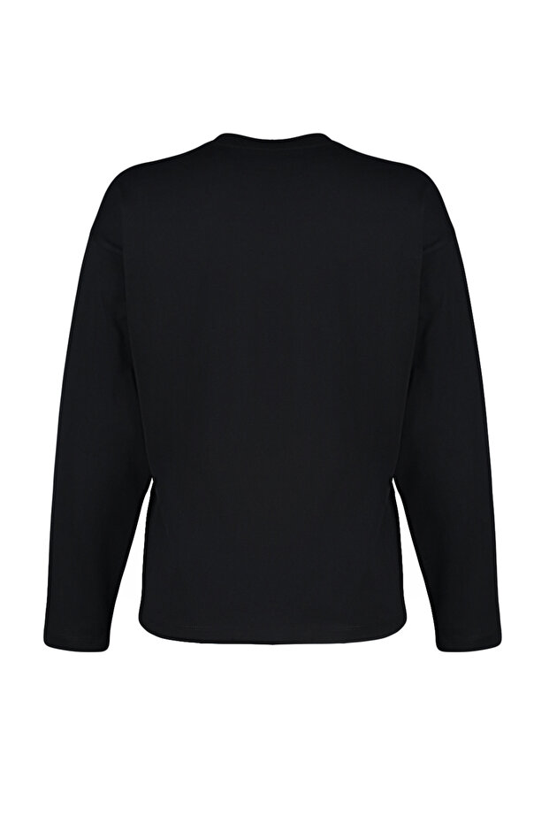 Siyah %100 Kalın Pamuklu Basic Bisiklet Yaka Oversize/Geniş Kalıp Örme T-Shirt TWOAW24TS00013 - 12