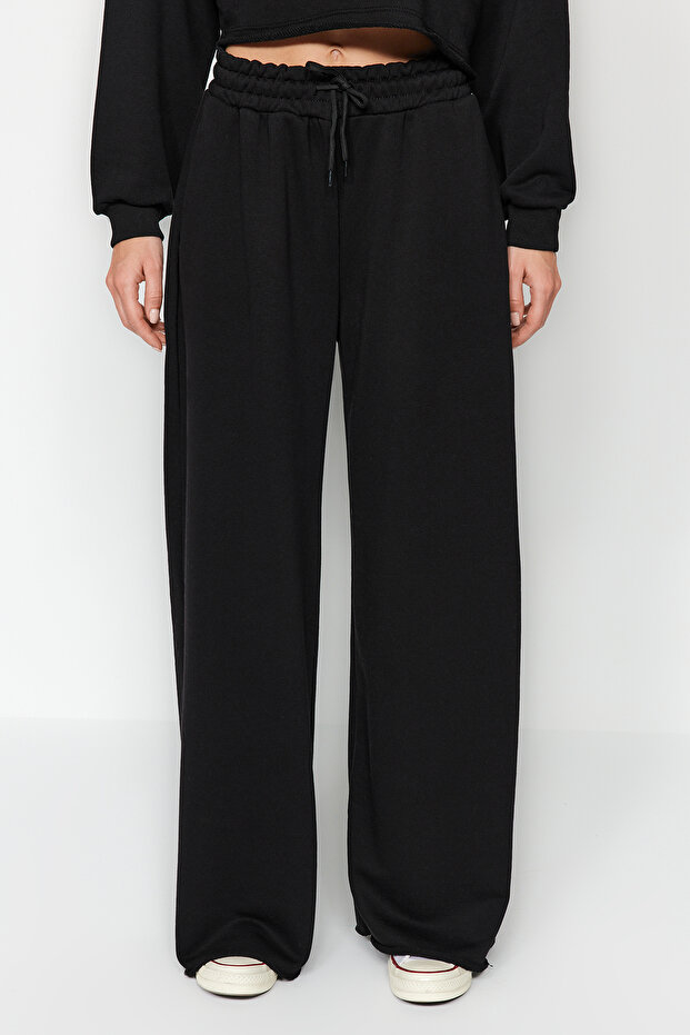 Siyah Kalın Extra Wide Leg Yüksek Bel Örme Eşofman Altı Pantolon TWOAW24EA00043 - 4