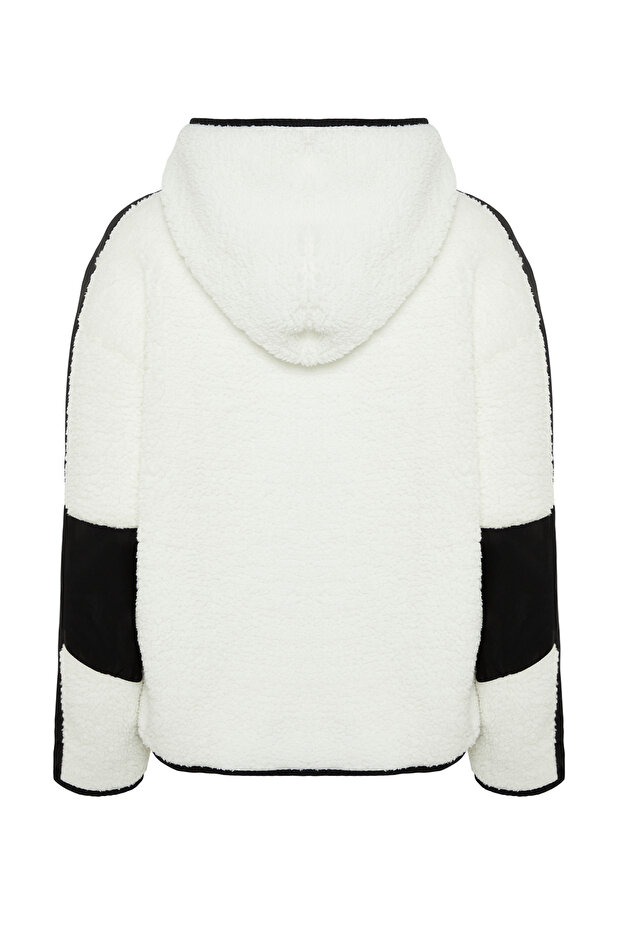 Ekru Renk Bloklu Paraşüt Kumaş Detaylı Peluş Geniş Kalıp Örme Spor Sweatshirt THMAW24SW00009 - 8
