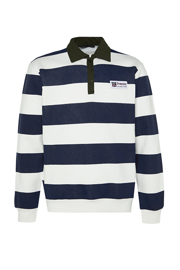 Lacivert Regular/Normal Kesim Polo Yaka Çizgili İçi Polar/Sıcak Tutan Sweatshirt TMNAW24SW00240 - 7