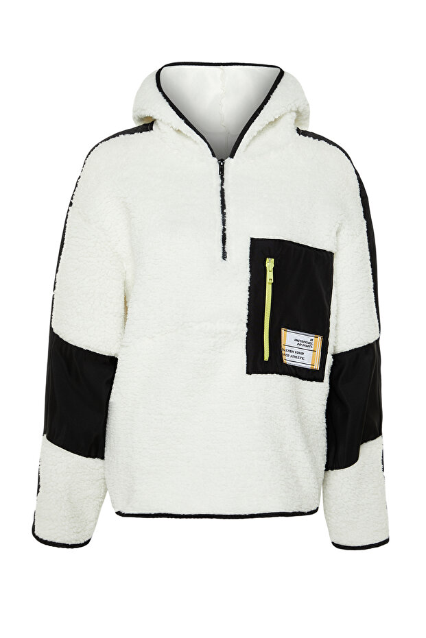 Ekru Renk Bloklu Paraşüt Kumaş Detaylı Peluş Geniş Kalıp Örme Spor Sweatshirt THMAW24SW00009 - 7