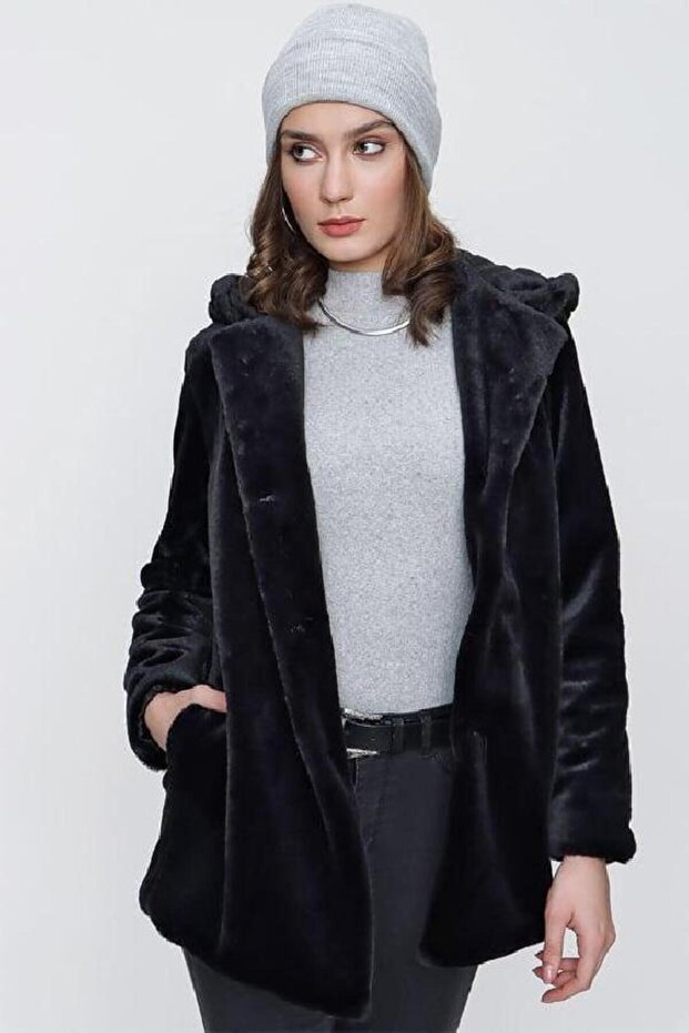 Peluş Kapşonlu Yumoş Kaban - 3