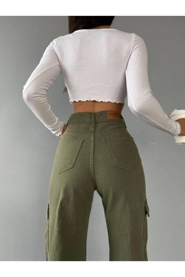 High Waist Khaki Palazzo Jeans - Cargo Pocket, Wide Leg Jeans