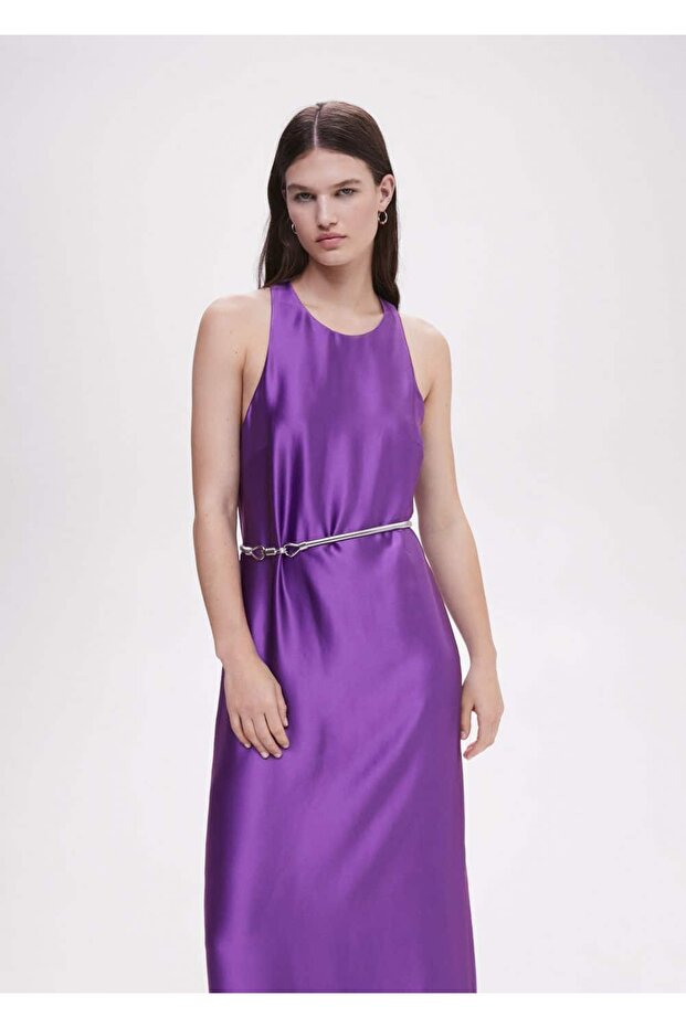 Sırtı Çapraz Saten Elbise - 1
