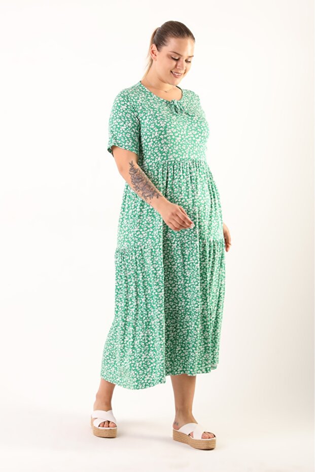 short sleeve 3-layer ruffle green and white floral women's dress