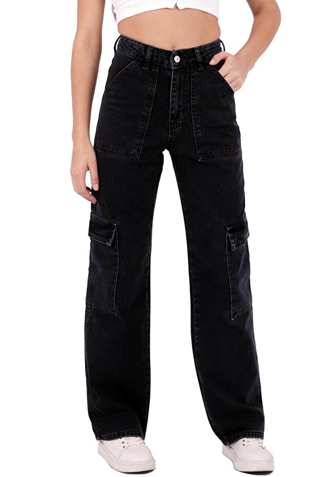 Cargo Pocket Wide Leg High Waisted Women's Jeans Four Seasons Regular Anthracite