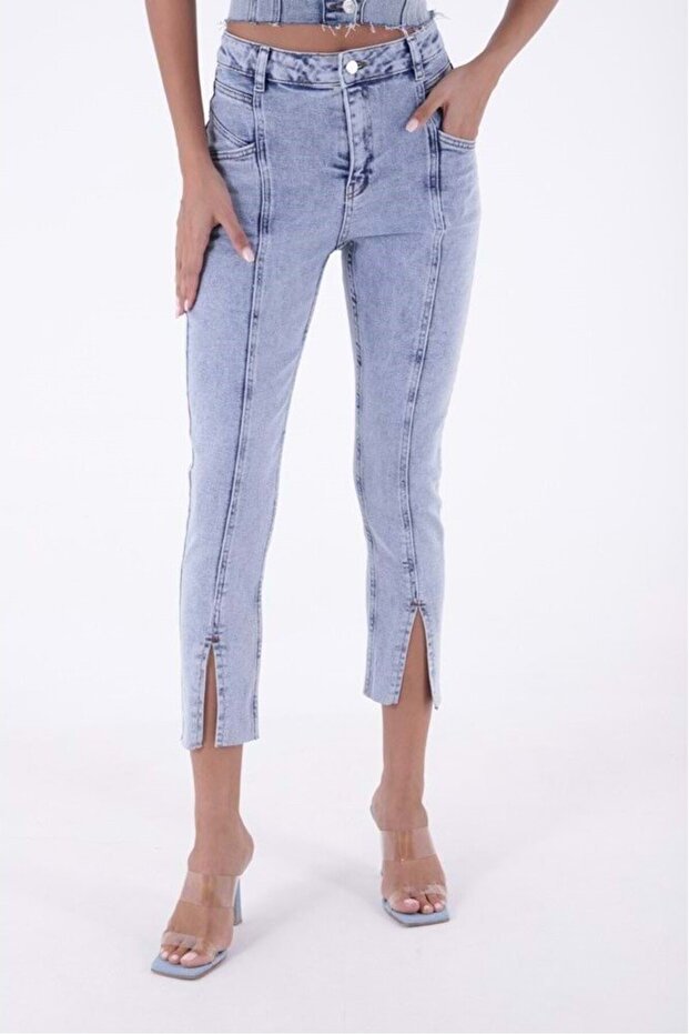 High Waisted Mom Women's Jeans with Extra Stitching on the Front and Slit on the Legs Pockets Snow Light Blue