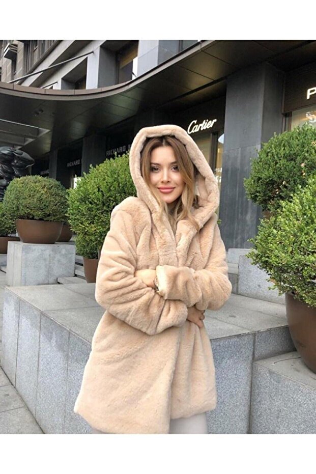 Kapüşonlu Peluş Kürk Kaban - 1