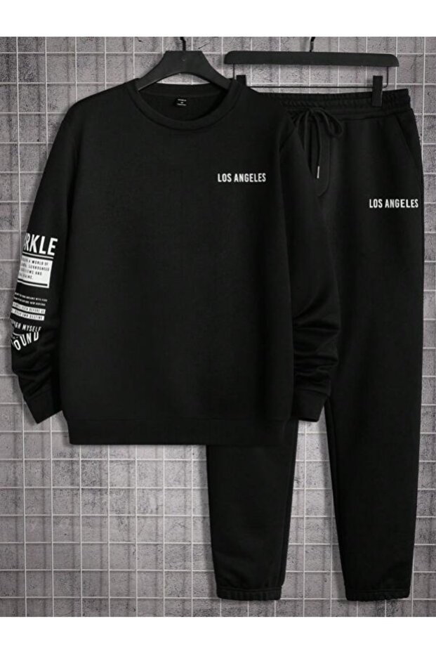 Unisex Los Angls Sleeve Printed Crew Neck Sweatshirt + Sweatpants Jogger Tracksuit Set